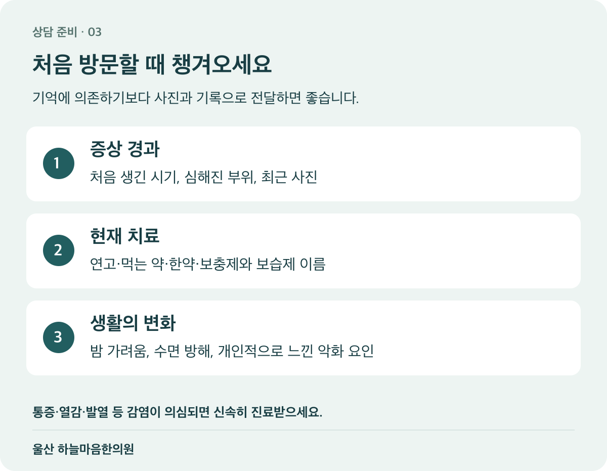 아토피 상담 전 준비할 내용: 증상 경과, 현재 치료, 수면과 생활의 변화