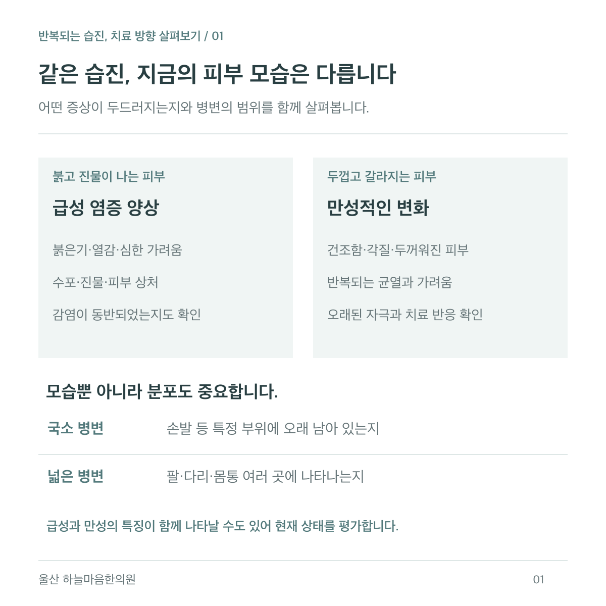 습진의 급성 염증 양상과 만성적인 변화를 비교하고, 특정 부위에 남는지 여러 부위에 퍼지는지 함께 살펴봅니다.