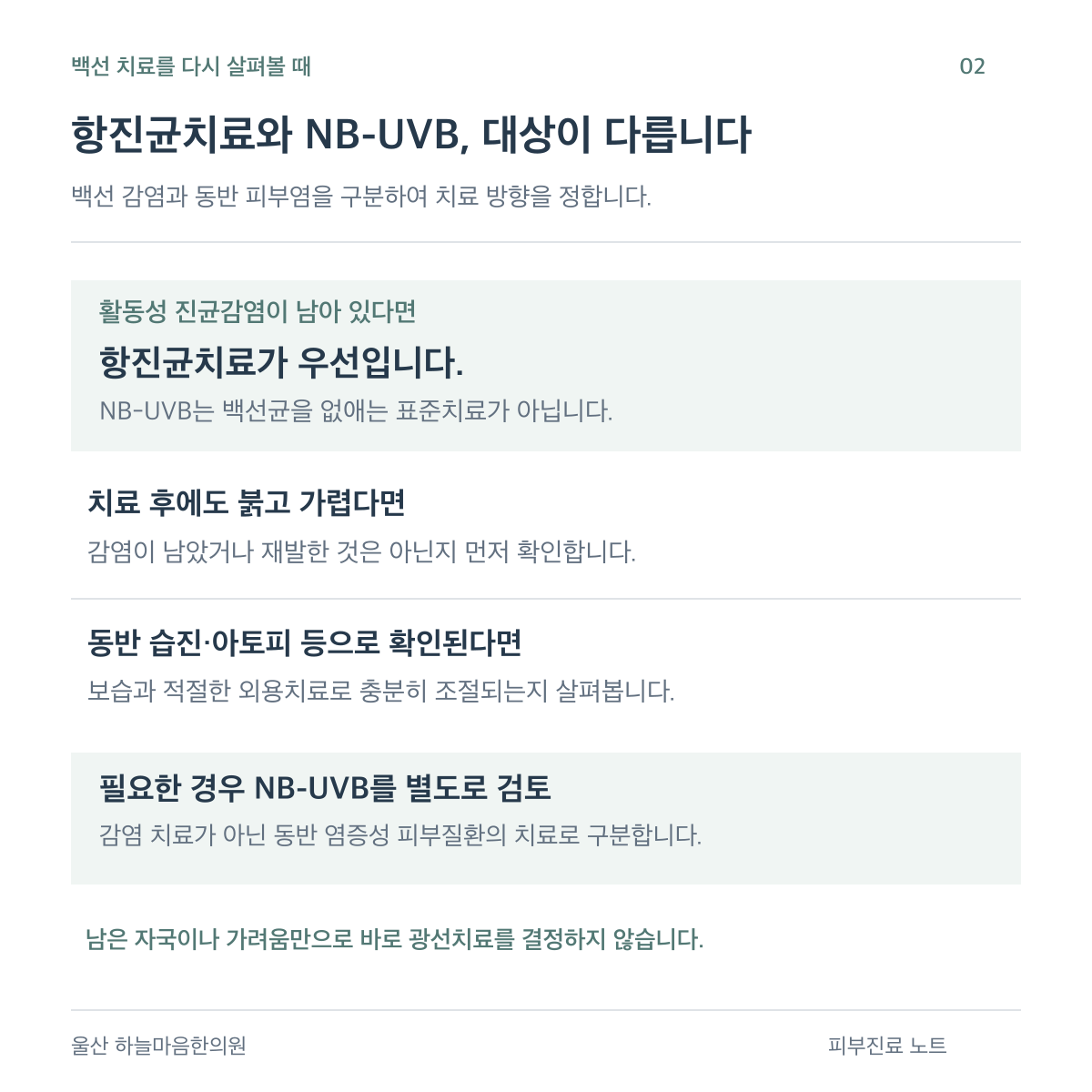 활동성 백선에는 항진균치료가 우선이며, 감염 상태를 재확인한 뒤 남아 있는 동반 피부염에 대해서만 NB-UVB를 별도로 검토합니다.